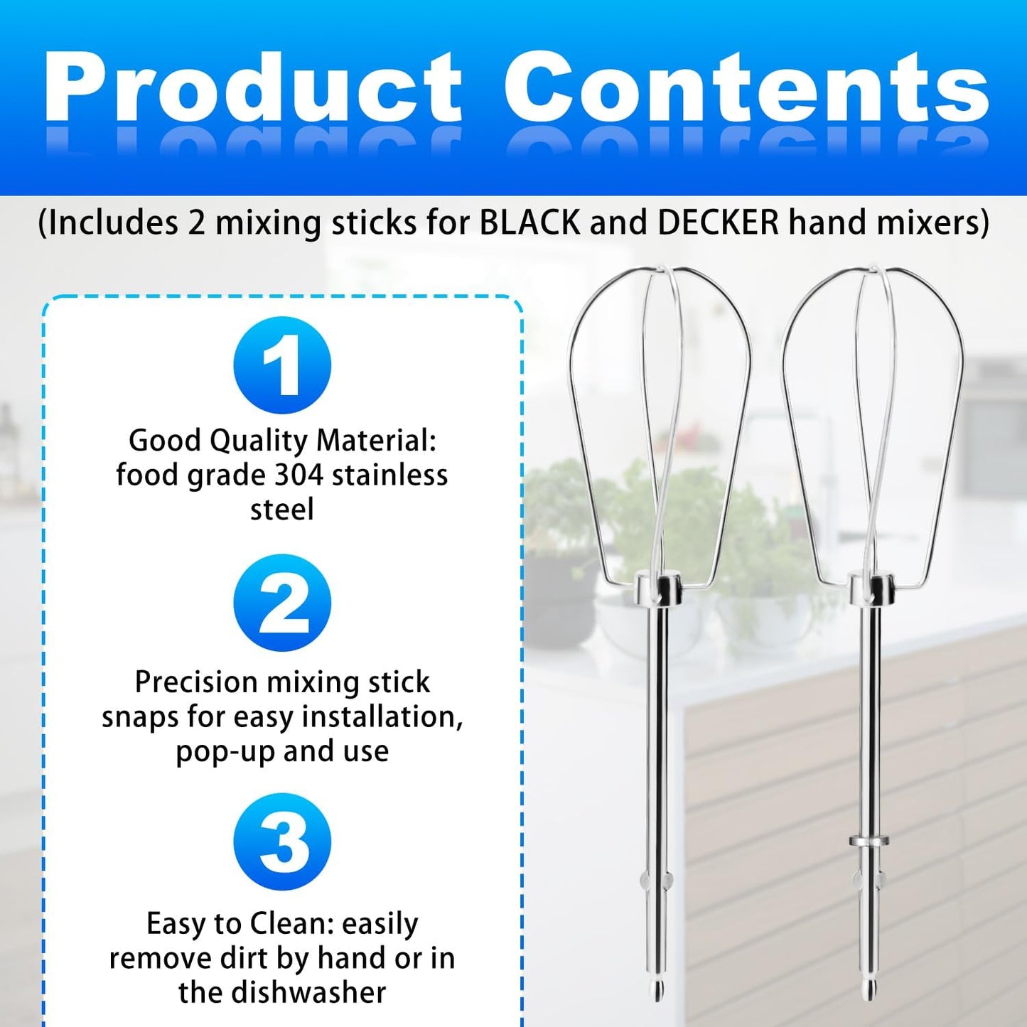 2pcs Hand Mixer Beaters Attachments Compatible with BLACK & DECKER, Universal Stainless Steel Electric Hand Mixer Whisk Replacement for Cooking and Baking