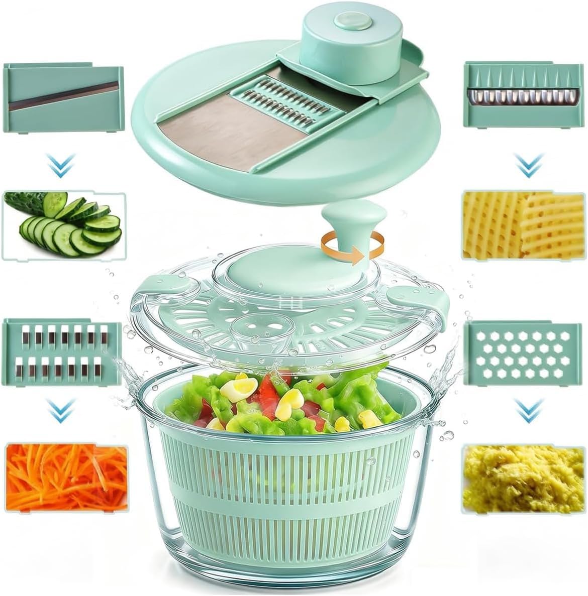 Borosilicate Glass Large Salad Spinner & Vegetable Washer - 5.2 Quart BPA-Free Dehydrator with Handle Includes 5 Chopping Blades Slicer, Drain Bowl Dishwasher Safe - Perfect for Lettuce Fruit Veggies