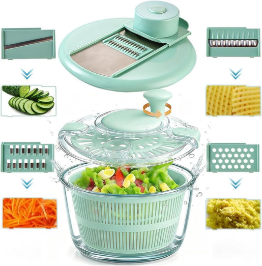 Borosilicate Glass Large Salad Spinner & Vegetable Washer - 5.2 Quart BPA-Free Dehydrator with Handle Includes 5 Chopping Blades Slicer, Drain Bowl Dishwasher Safe - Perfect for Lettuce Fruit Veggies