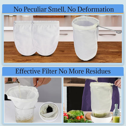 Fine Mesh Strainer, 3Pcs Reusable Cloth Strainer Bags with Stainless Steel Handle, Nut Milk Bag, Juice Strainer for Kitchen