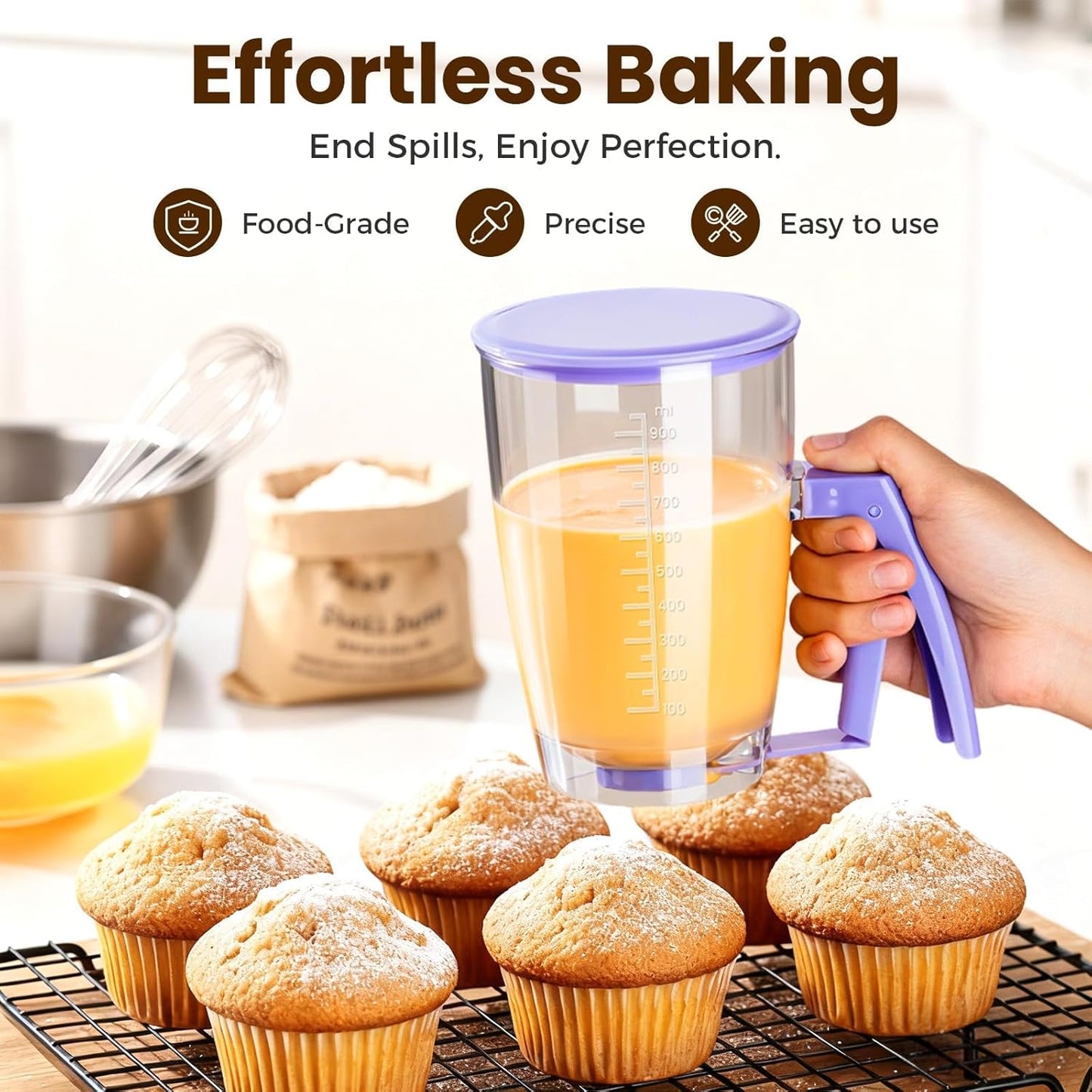 Pancake Batter Dispenser with Squeeze Handle, 4-Cup ABS Plastic Batter Bottle for Pancakes Waffles Cupcakes Muffins Crepes, Easy Clean Dishwasher Safe Baking Tool with Measurement Scale (1pc)