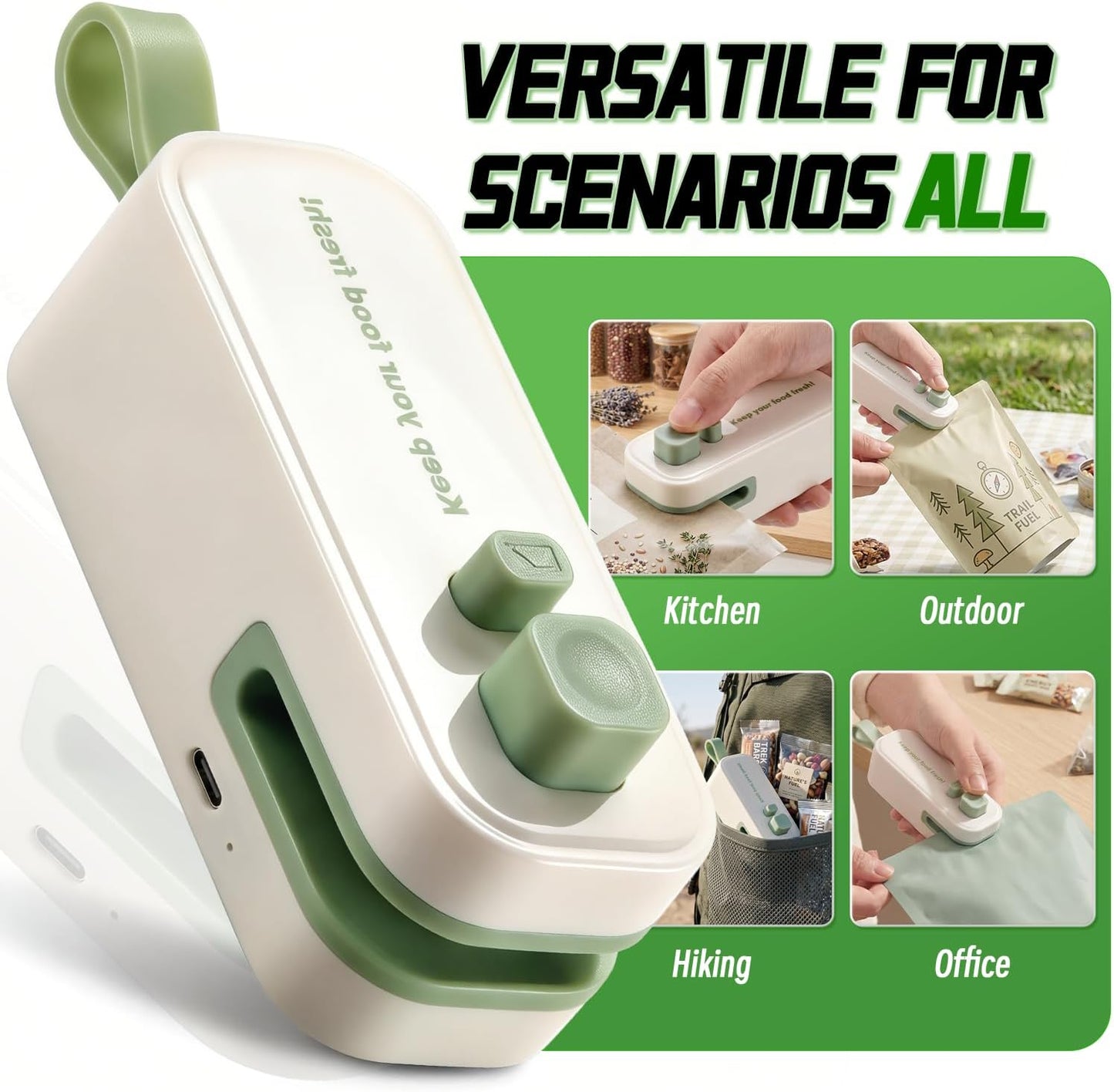 2 in 1 Mini Bag Sealer, Rechargeable Heat Sealer with Cutter and Magnet, Portable Chip Bag Resealer for Food Storage Snacks Freshness (Green)