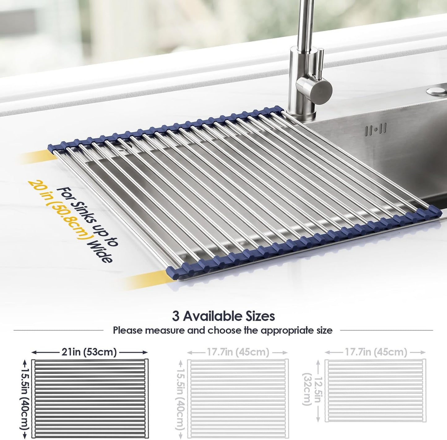 Tomorotec 17.7" x 15.5" Roll Up Dish Drying Rack Over Sink Drying Rack Sink Cover Kitchen Sink Accessories Gadget Multipurpose Organizer Foldable Stainless Steel Drainer