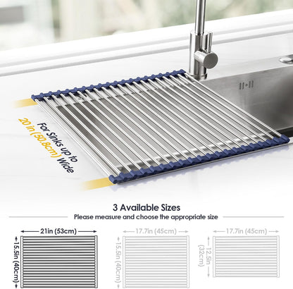 Tomorotec 17.7" x 15.5" Roll Up Dish Drying Rack Over Sink Drying Rack Sink Cover Kitchen Sink Accessories Gadget Multipurpose Organizer Foldable Stainless Steel Drainer