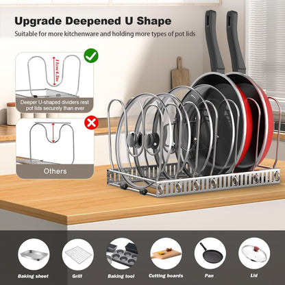 Housolution Pot and Pan Organizer Rack for Cabinet, Expandable Pot Lid Organizer Holder with 14 Adjustable Dividers, Fully Expanded Size 22.83" W x 7.09" D x 7.09" H, Black