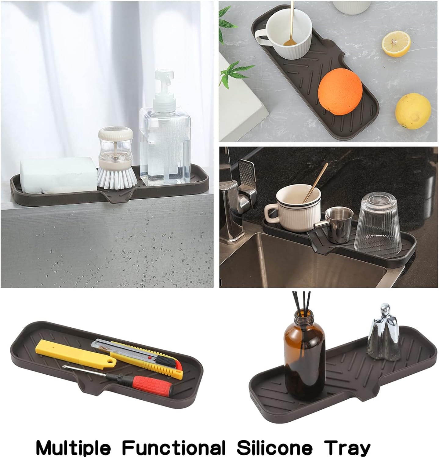 MicoYang Silicone Soap Dish with Drain Spout, Self-Draining Sink Organizer Tray for Bathroom and Kitchen, Sponges, Dispensers and Soap Holder, Non-Slip and Dishwasher Safe, Black (Compact, 4.9"×3.2")