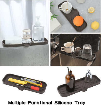 MicoYang Silicone Soap Dish with Drain Spout, Self-Draining Sink Organizer Tray for Bathroom and Kitchen, Sponges, Dispensers and Soap Holder, Non-Slip and Dishwasher Safe, Black (Compact, 4.9"×3.2")