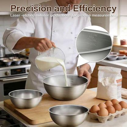Gronivex Metal Mixing Bowls, 304 Stainless Steel, Set of 3 (1.5, 2.2 & 3.4 Qt) – Thicker-Gauge, Stackable Nesting & Space-Saving – Classic Everyday Bowls for Baking, Salad Prep & Cooking