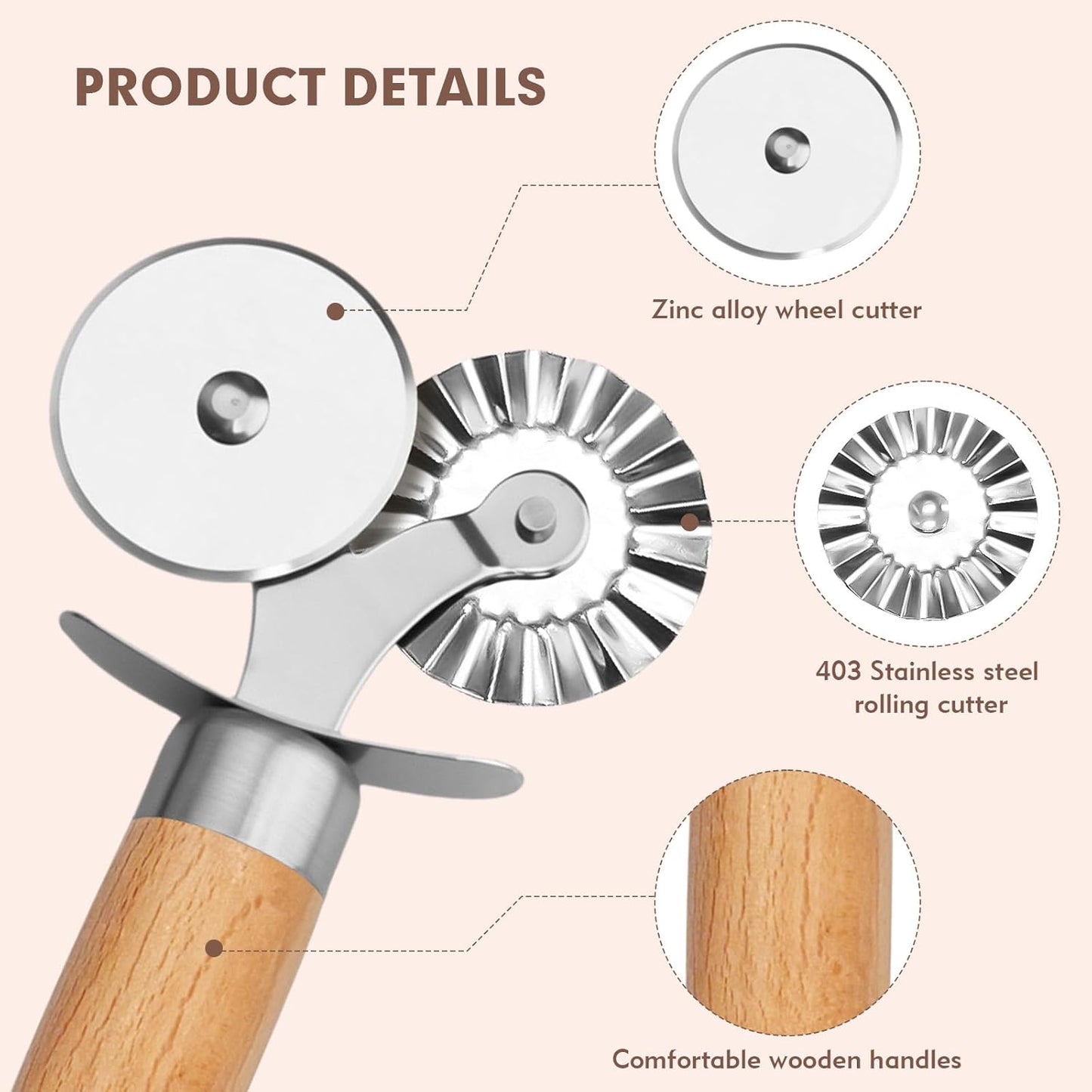 Pasta Cutter Wheel - Fluted Pastry Cutter Double Wheel Ravioli Cutter Tool with Wooden Handle for Pasta Pizza Ravioli Cookie