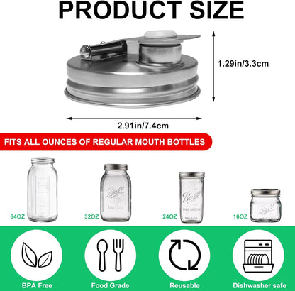 2 Pack Wide Mouth Mason Jar Stainless Steel Pour Spout Lid, Reusable Mason Jar Lids, for 86MM Ball Wide Mouth Mason Jars, Leak Proof Seal, for Drinking Salad Dressing & Food Storing