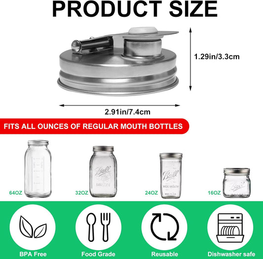 2 Pack Wide Mouth Mason Jar Stainless Steel Pour Spout Lid, Reusable Mason Jar Lids, for 86MM Ball Wide Mouth Mason Jars, Leak Proof Seal, for Drinking Salad Dressing & Food Storing