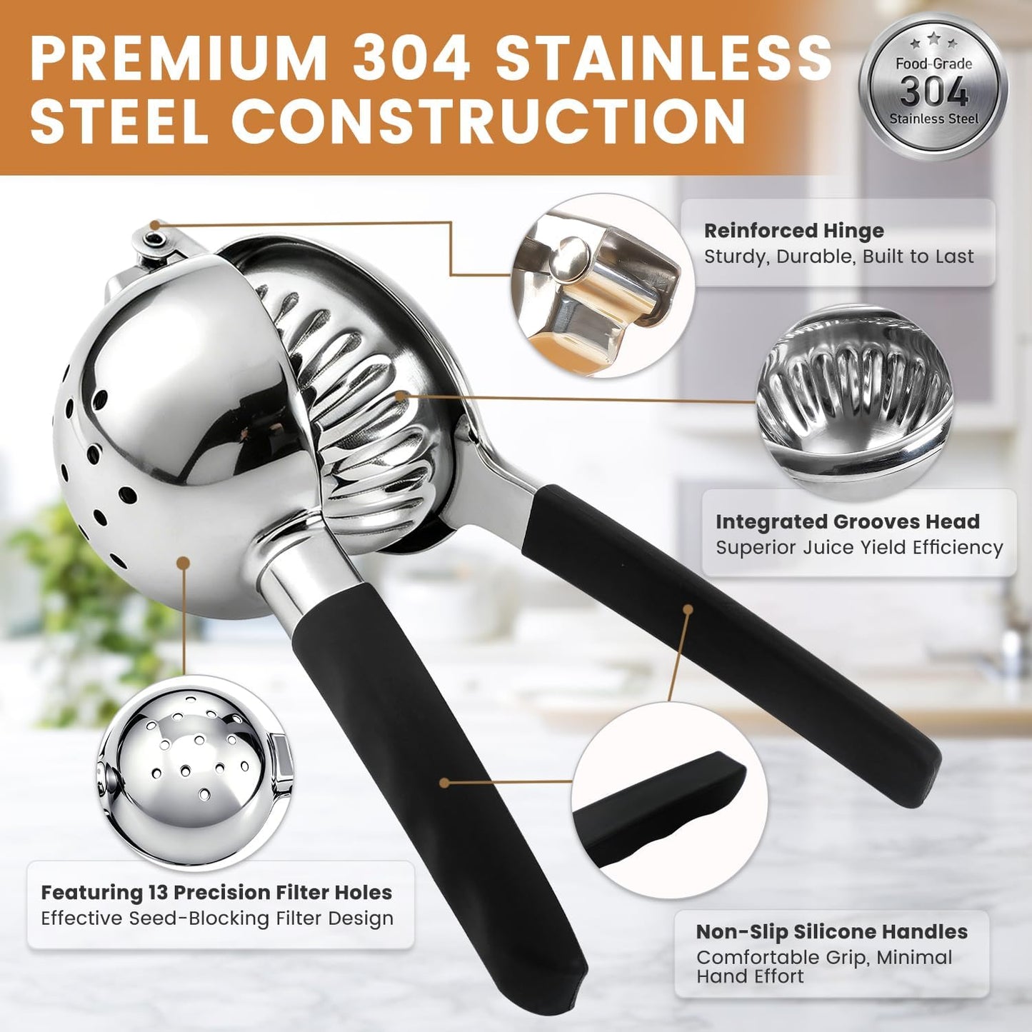 Rekix Lemon Squeezer, Max Extraction Hand Press Lemon Juicer, Heavy Duty Manual Orange Juicer, Sturdy Metal Lime Squeezer, Durable Handheld Citrus Fruit Squeezer for Kitchen Bar, Exprimidor De Limones
