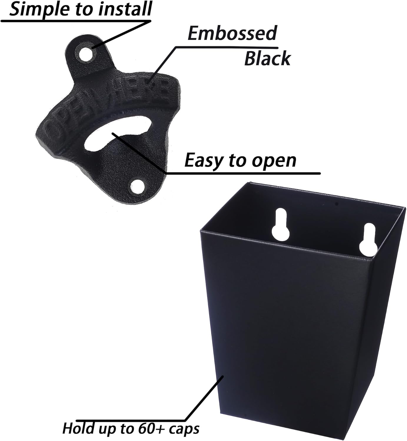 Satin Black Cast Iron Bottle Opener Wall Mounted with Bottle Cap Catcher Narrow