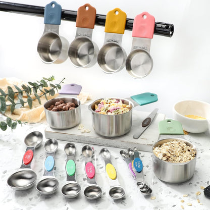 Magnetic Measuring Cups and Spoons Set of 16 Includes 7pcs Stainless Stee Stackable Nesting Magnetic Measuring Cup 9pcs Magnetic Measuring Spoon for Dry and Liquid Ingredients