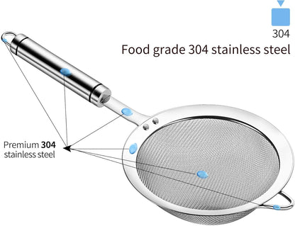304 Stainless Steel Fine Mesh Strainers for Kitchen, Colander-Skimmer with Handle, Sieve Sifters for Food, Tea, Rice, Oil, Noodles, Fruits, Vegetable