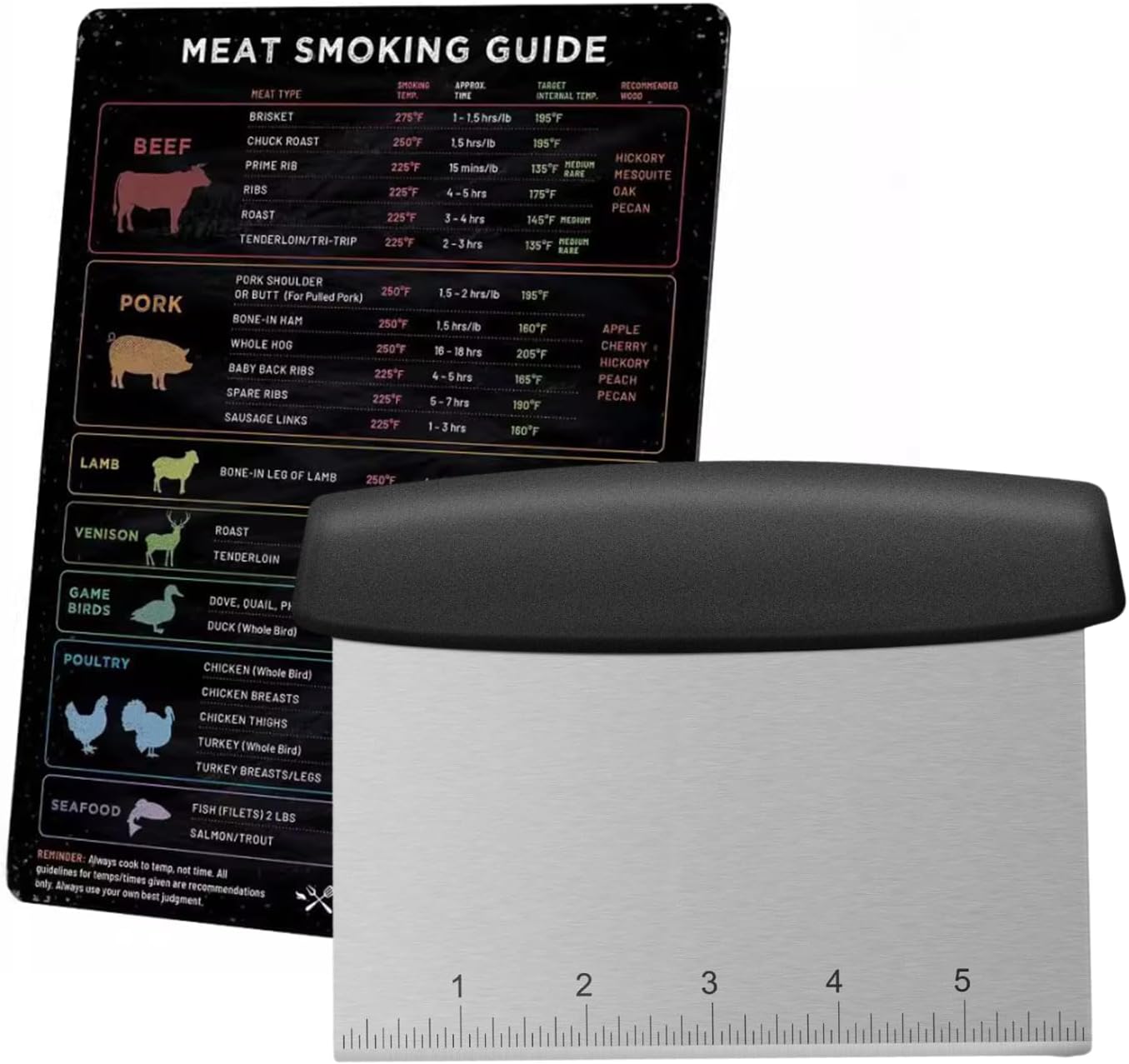 Bench Scraper, Stainless Steel Griddle Scraper with 6''x8'' Meat Temperature Guide Magnet for Barbecue Turners Tools, Blackstone Grill Accessories