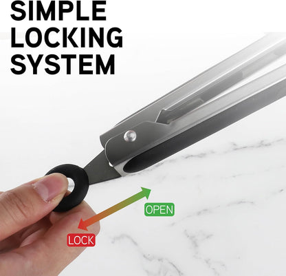 COOK WITH COLOR Stainless Steel Silicone Tipped Kitchen & BBQ Tongs Set, 3 Pc Utensils, Grey