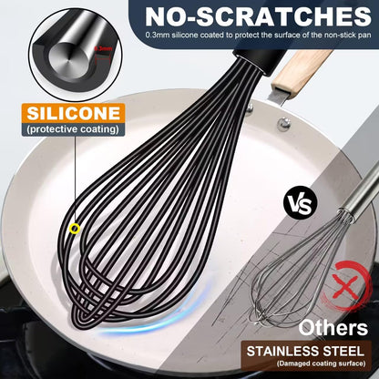 Whisks For Cooking - 500 °F Heat Resistant Silicone Whisk, Heavy Duty 7",9"&11inch Non-Scratch Balloon Kitchen Wisk tool Set, for cooking Wisking, Blending, Beating, Stirring, 3 Piece Black