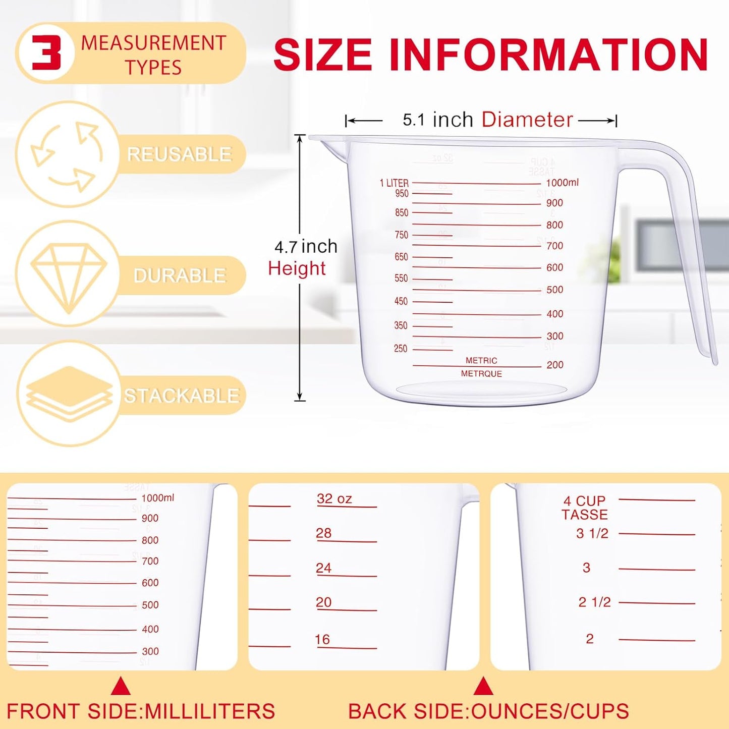 Fabbay 24 Pcs 4 Cup Capacity Plastic Measuring Cup 1000 ml Clear Graduated Measuring Cups Plastic Mug with Spout and Handles Ounce and Ml Marking for Recipe Ingredient Flour Water Liquid(Red,32 oz)