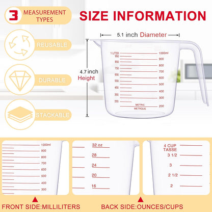 Fabbay 24 Pcs 4 Cup Capacity Plastic Measuring Cup 1000 ml Clear Graduated Measuring Cups Plastic Mug with Spout and Handles Ounce and Ml Marking for Recipe Ingredient Flour Water Liquid(Red,32 oz)