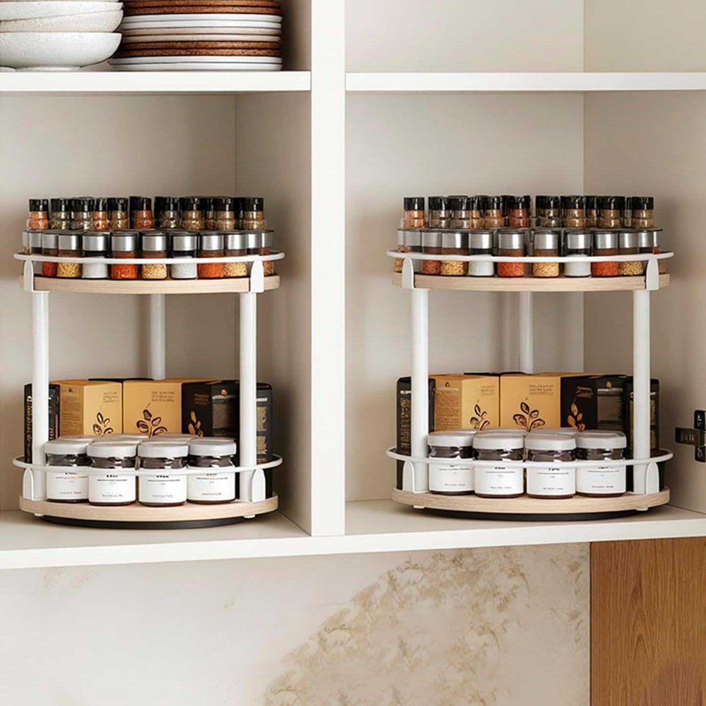 YATINEY Lazy Susan Organizer, Rotating Spice Rack, 2 Tier Spice Turntable Organizer, Industrial Turntable Spice Holder, for Kitchen Countertop and Cabinet, Compact and Versatile, Rustic Brown SR22BR