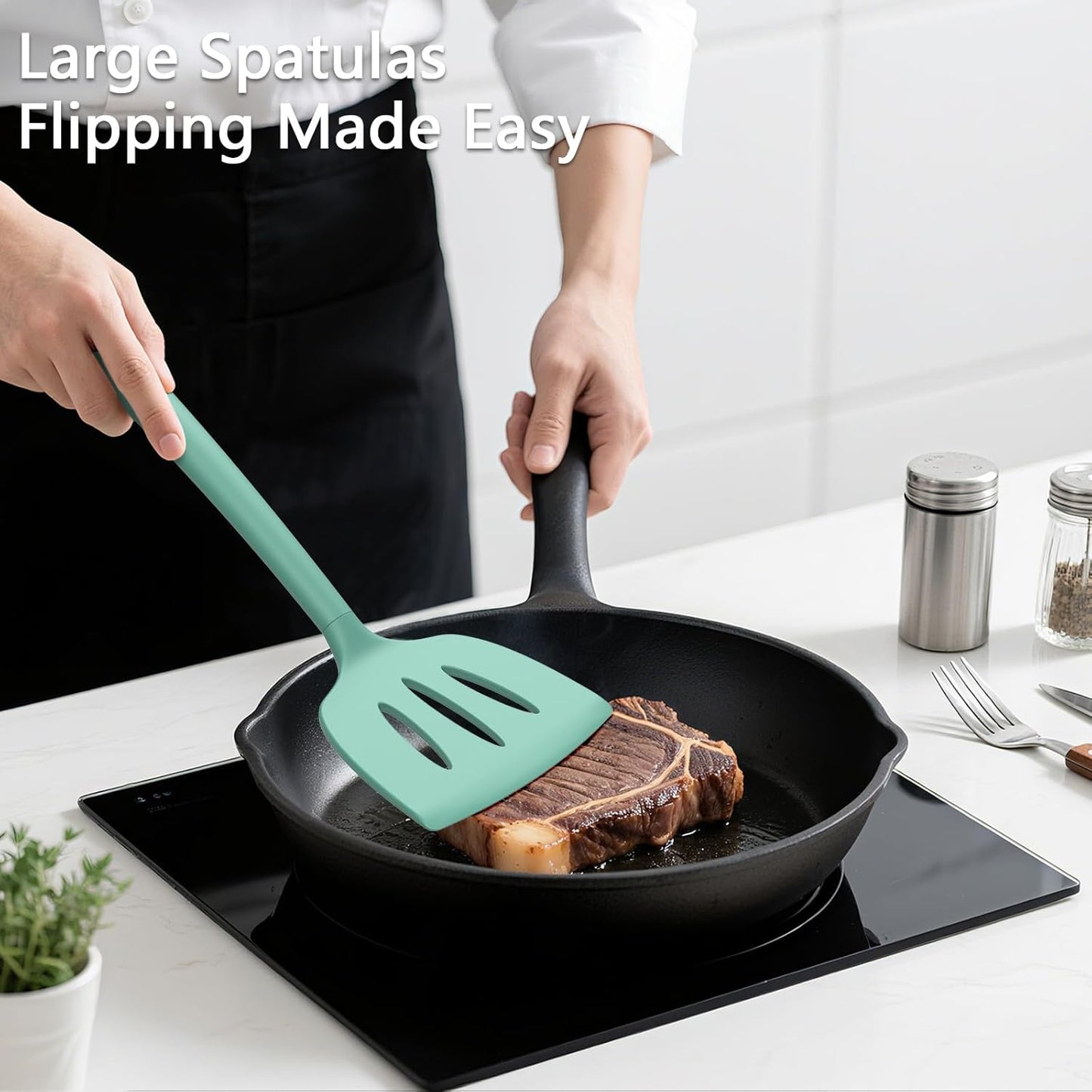 Coukre 3 Pack Silicone Spatula Set, High Heat Resistant, BPA-Free, Fish Spatula, Solid & Slotted Turner for Non-Stick Pans, Flipping Eggs, Pancakes, Fish, Burgers (3, PureBlack)