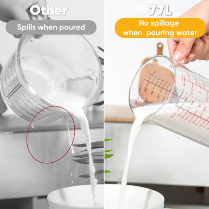 77L Glass Measuring Cup with Handle, [Double-Sided Measuring Scale, V-Shaped Spout, Insulated handle], High Borosilicate Glass Measuring Cup with Three Scales (OZ, Cup, ML) for Liquid (4 Cup)