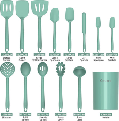 Coukre Silicone Kitchen Cooking Utensils Set with Holder – Heat-Resistant, Food-Grade Kitchen Tools, Spatula, Spoon & Gadgets for Non-Stick Pans, Dishwasher Safe (14, PureBlack)