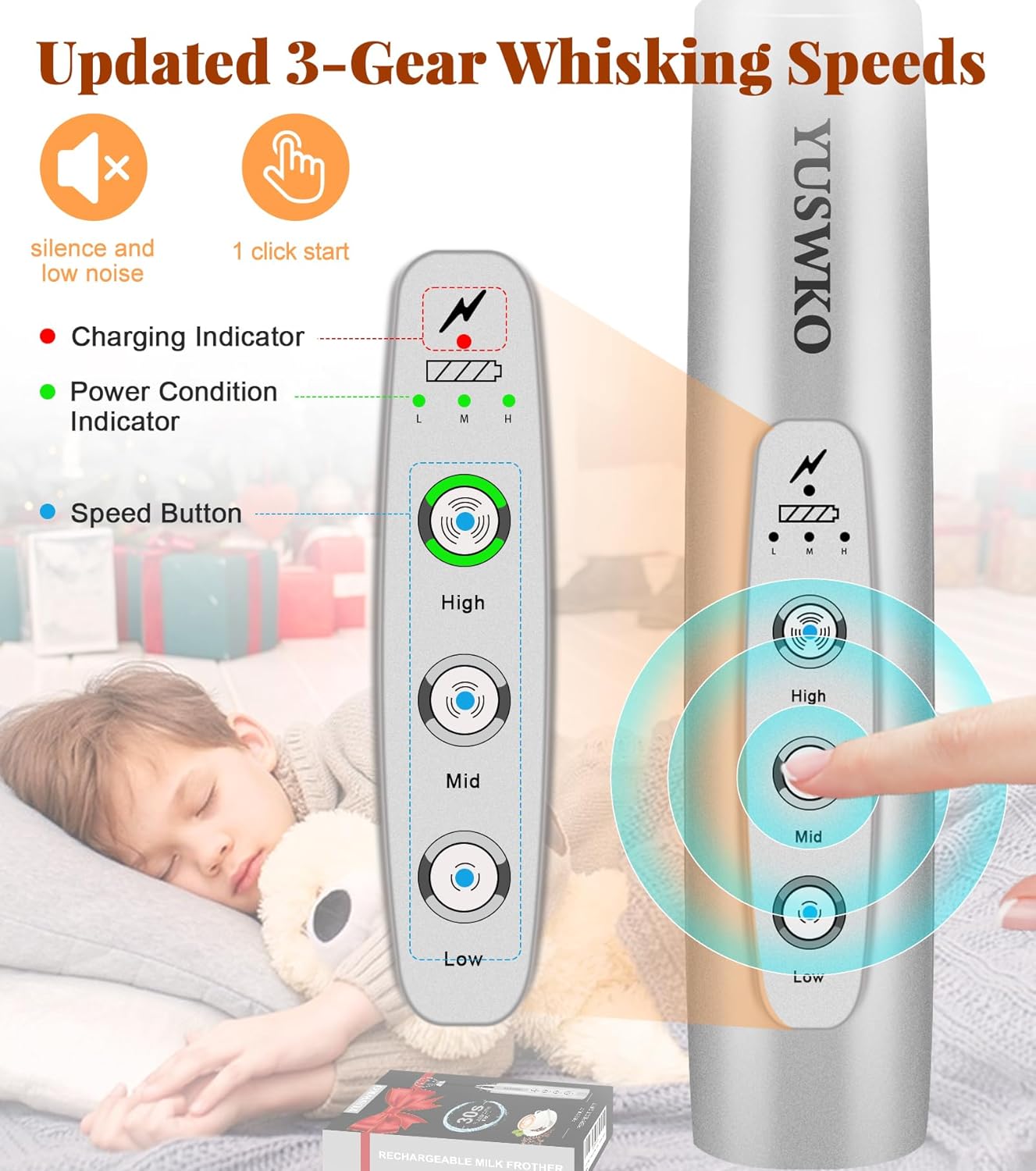 YUSWKO Black Handheld Milk Frother Wand for Coffee, Rechargeable Electric Whisk with 3 Heads 3 Speeds Drink Mixer Coffee Frother For Latte, Cappuccino, Hot Chocolate, Egg