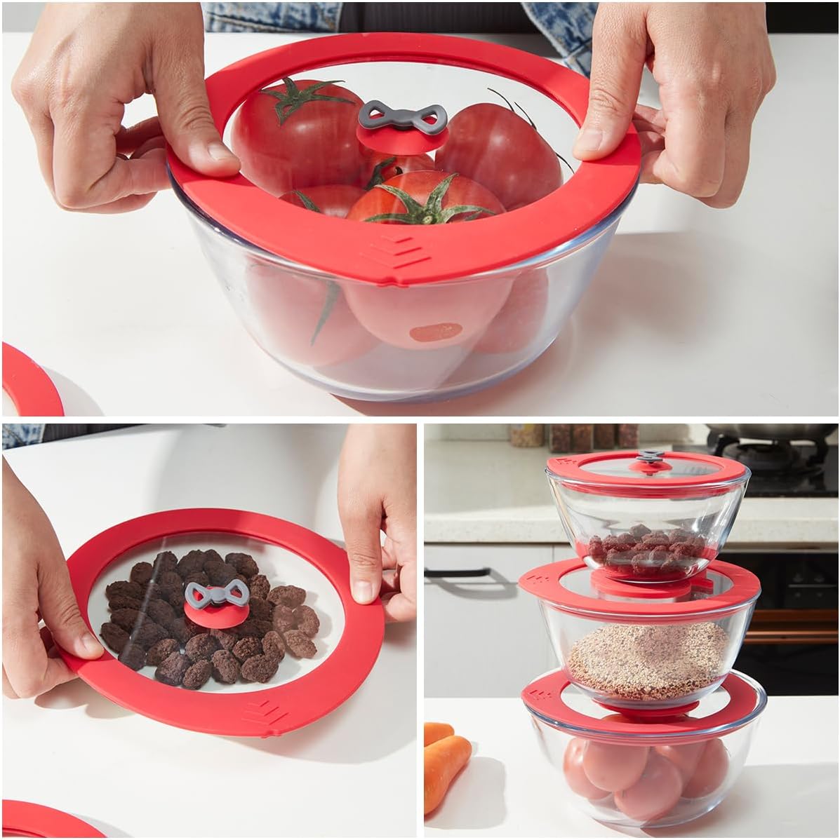 2 Pack Replacement Lids for Pyrex 7201-PC 4 Cup Glass Containers Mixing Bowl Silicone Storage Cover Leakproof Red