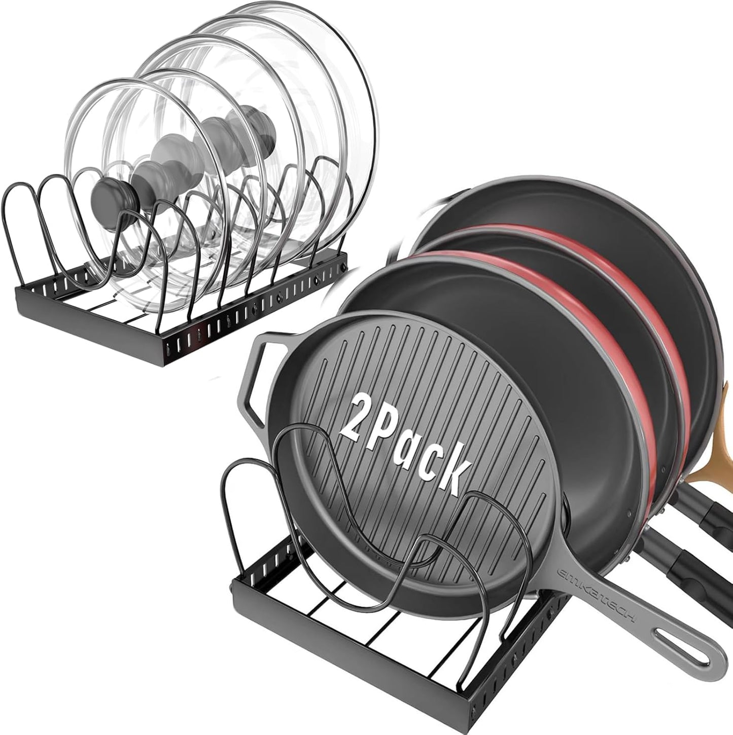 2PACK Pot Lid Organizers Inside Cabinet for Kitchen, Pots and Pans Organizer Under Cabinet with 16 Adjustable Dividers, Countertop Lid Holder, Rust-Resistant, Tool-Free Installation, Easy to Clean