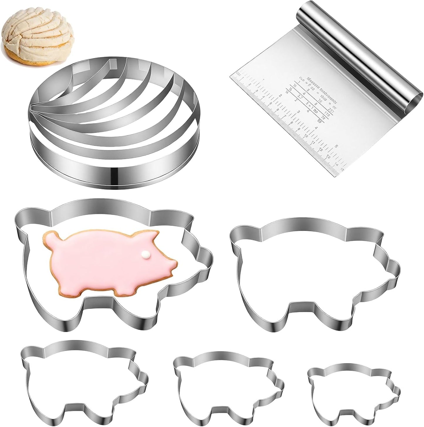 Concha Cutter Set, Stainless Steel Mexican Bread Mold Set, Concha Cutter 5 Pcs Pig Cookie Cutters and Dough Scraper, Kitchen Baking Tools for Bread Cookie Cake Biscuit