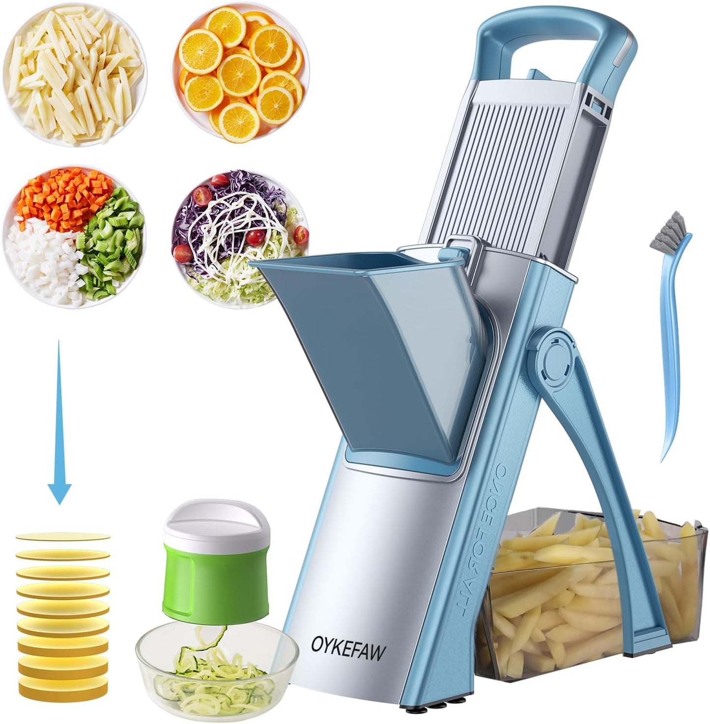 Safe Mandoline Slicer for Kitchen, 6 in 1 Vegetable Chopper, French Fry Cutter For Potatoes, Potato Slicer,Food Chopper,Adjustable Thickness 0.1-8 mm, With Peeler/Cleaning Brush (Black)