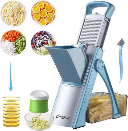 Safe Mandoline Slicer for Kitchen, 6 in 1 Vegetable Chopper, French Fry Cutter For Potatoes, Potato Slicer,Food Chopper,Adjustable Thickness 0.1-8 mm, With Peeler/Cleaning Brush (Black)