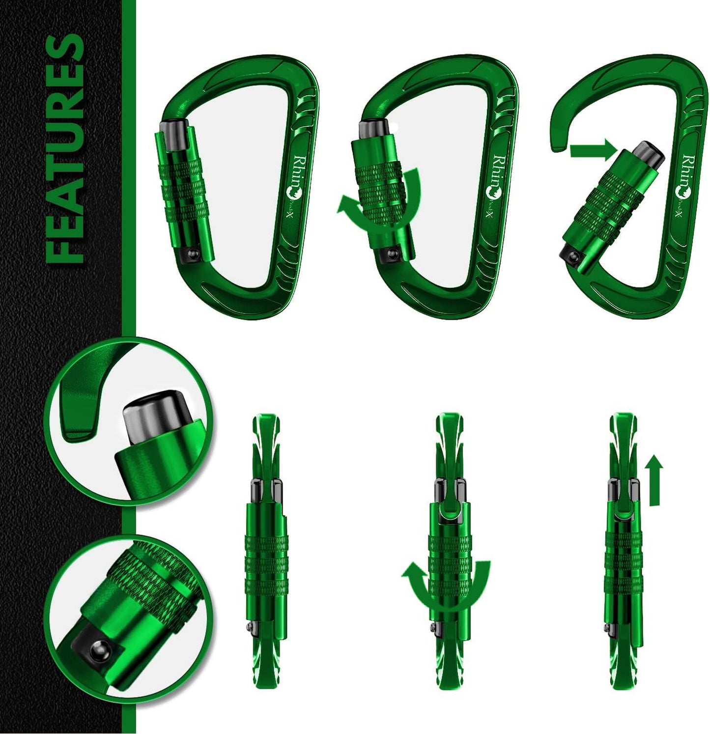 Rhino Produxs 12kN (2697 lbs) Heavy Duty Carabiner Clips, for Securing Pets, Outdoor, Camping, Hiking, Hammock, Dog Leash Harness, Keychains