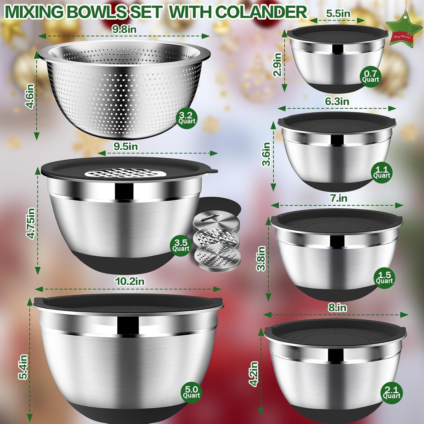DUTZUN Mixing Bowls with Lids Set, Stainless Steel Mixing Bowls with Colander, Strainer with Mixing Bowl Set, Serving Bowl Kitchen Gift, Size 4.5, 2.5, 2, 1.5QT - Black