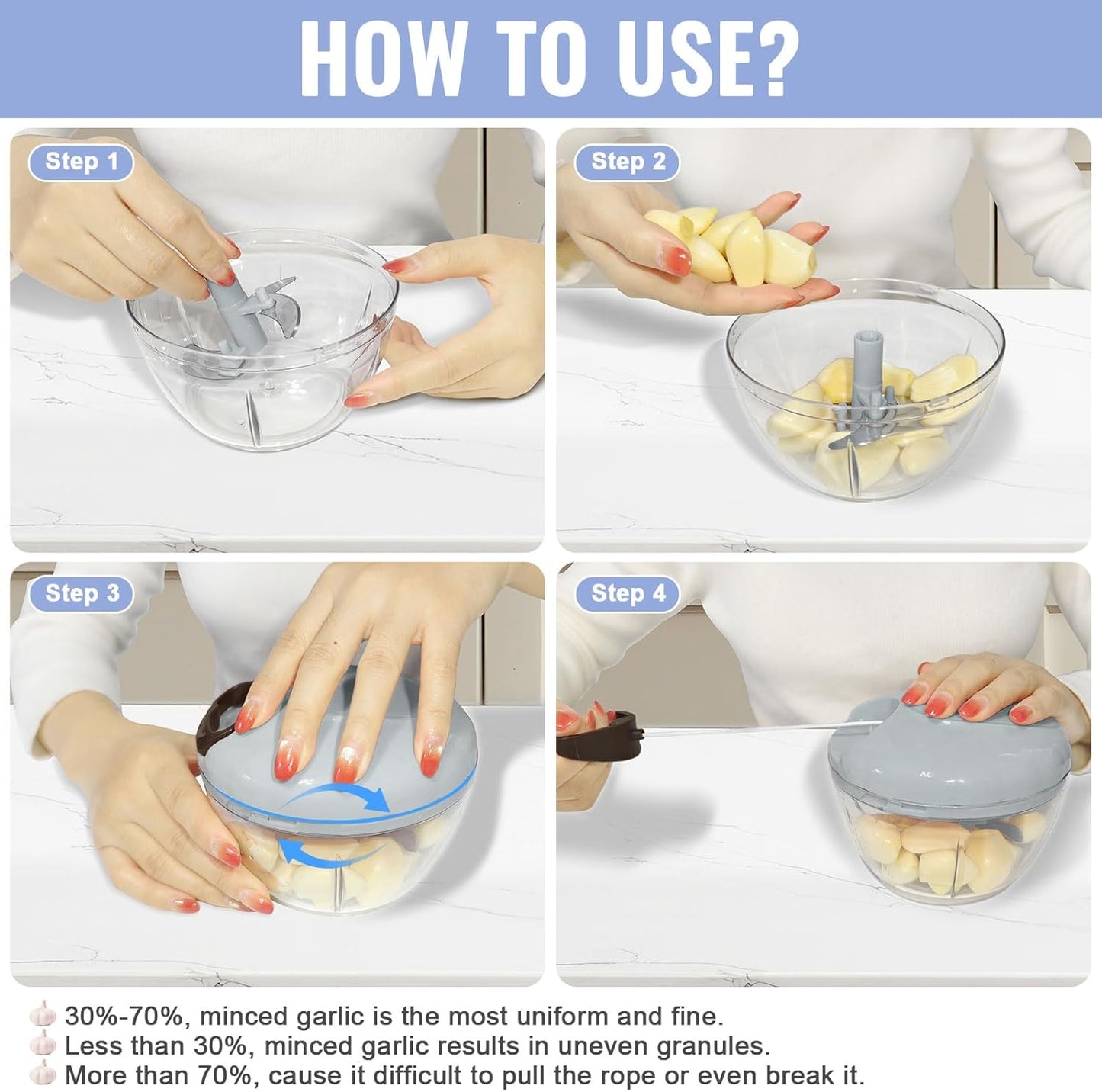 Garlic Chopper Mincer Manual Vegetable Chopper 500ml - with Pull String Garlic Press Crusher 5 Sec Chop Food Quickly, for Garlic, Ginger, Potato, Avocado, Onion, Salad, etc., Pink