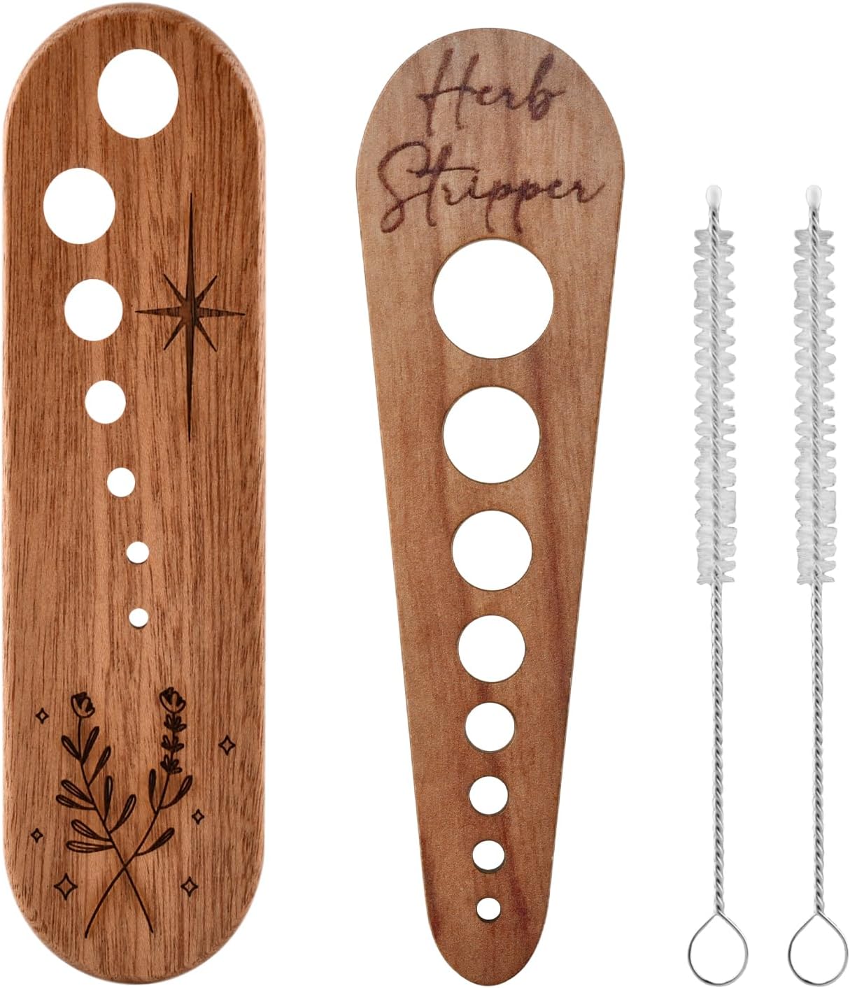 Herb Stripper 2pack, 7 Hole/8 Hole Wooden Vegetable Leaf Separator, 4mm-18mm Sized Holes Handmade Herb Stripper Tool with Cleaning Brush, Gifts for Chefs and Home Cooks