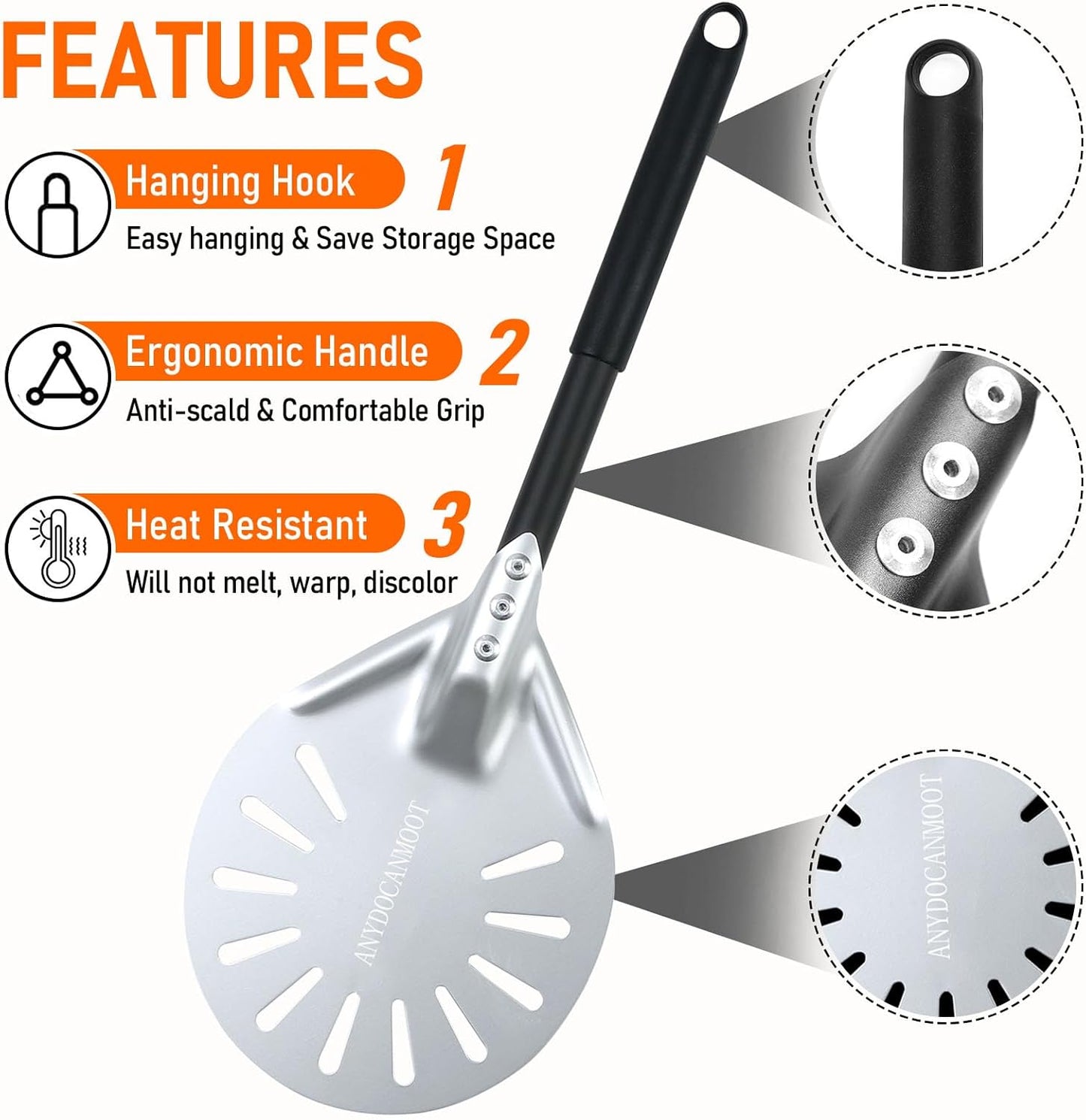 Perforated Pizza Peels 6 INCH pizza spatula paddle Long Handle Metal Pizza Spatula for Indoor and Outdoor (6 Inch)
