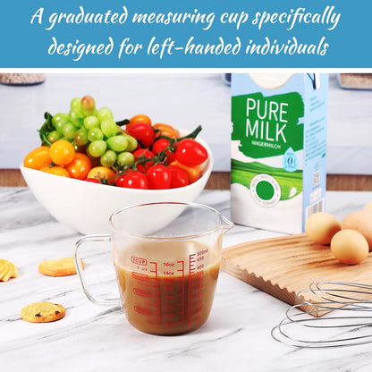 Baderke Left Handed Glass Measuring Cup 2 Cup Clear 16 oz Measuring Beaker with Handle and V Shaped Spout 500 ml for Kitchen, Restaurant, Liquid, Easy to Read, Red Measurements