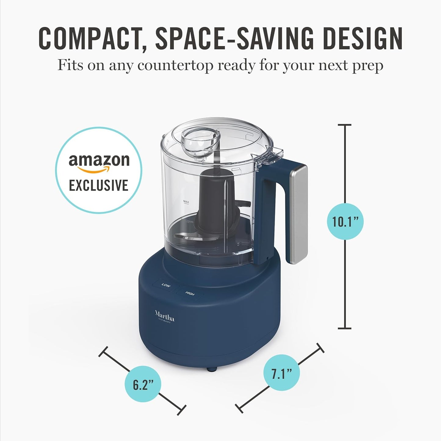 Martha Stewart 3 Cup Electric Food Chopper, Vegetable & Herb Mini Food Processor, 24oz BPA-Free Bowl, Stainless Steel Blades, Pour Spout, Dicing, Mincing, Chop & Puree, Dishwasher Safe, Sky