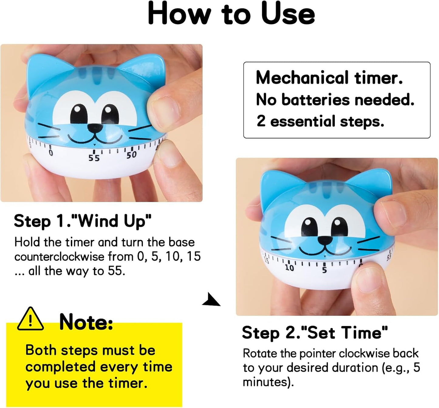 Cute Kitchen Timer Mechanical Timer for Kids (Blue Cat)