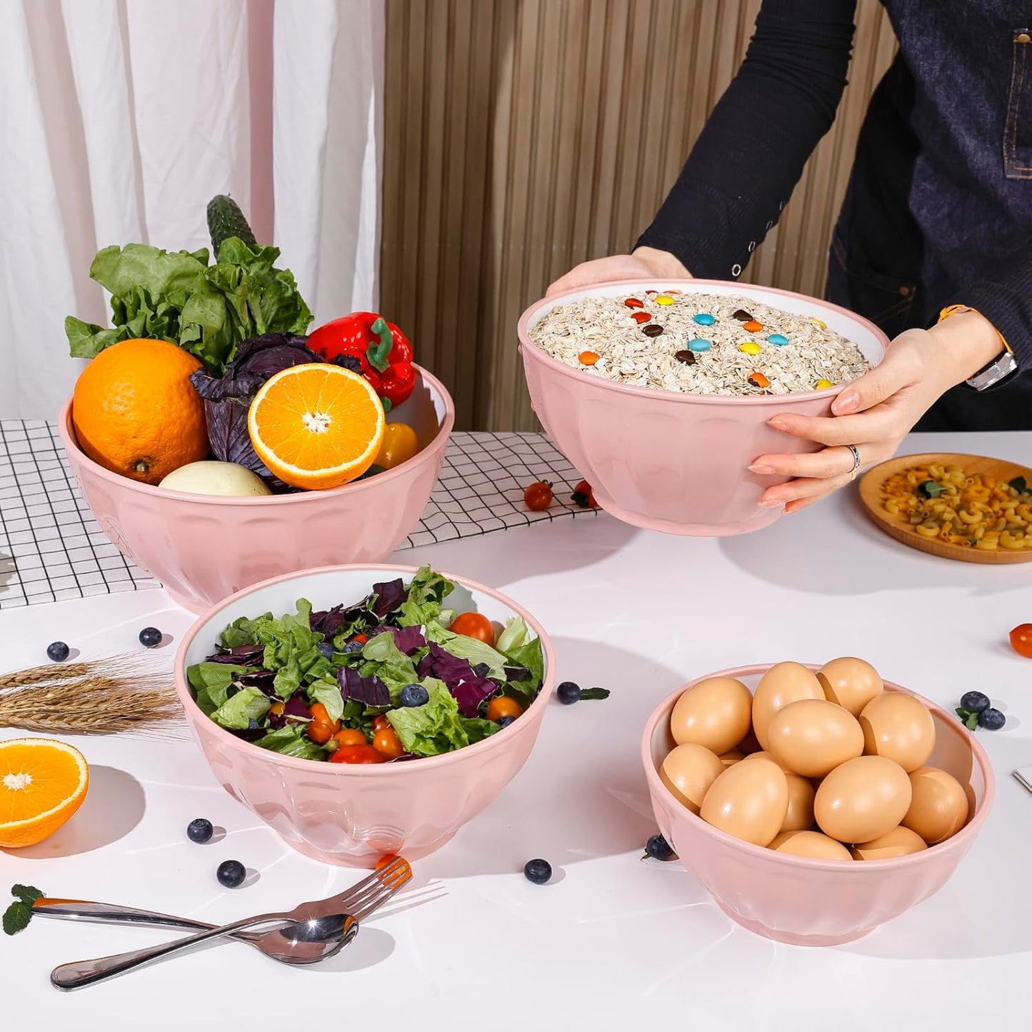 BoxedHome BPA Free Plastic Round Mixing Bowl with Lids, 12 Pack Nesting Bowls with Lids Set, Microwave and Dishwasher Safe Prep & Serving Bowls Great for Mixing, Baking, Serving (Pink, 12pcs)