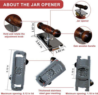 Heavy-Duty Cap Crack Jar Opener for Senior & Weak Hand - Strong Grip Oak Wood Handle & 304 Stainless Steel, Adjustable Manual Leverage Lid Remover for 1.5"-4" Jars [Clamp on Lid to Open]