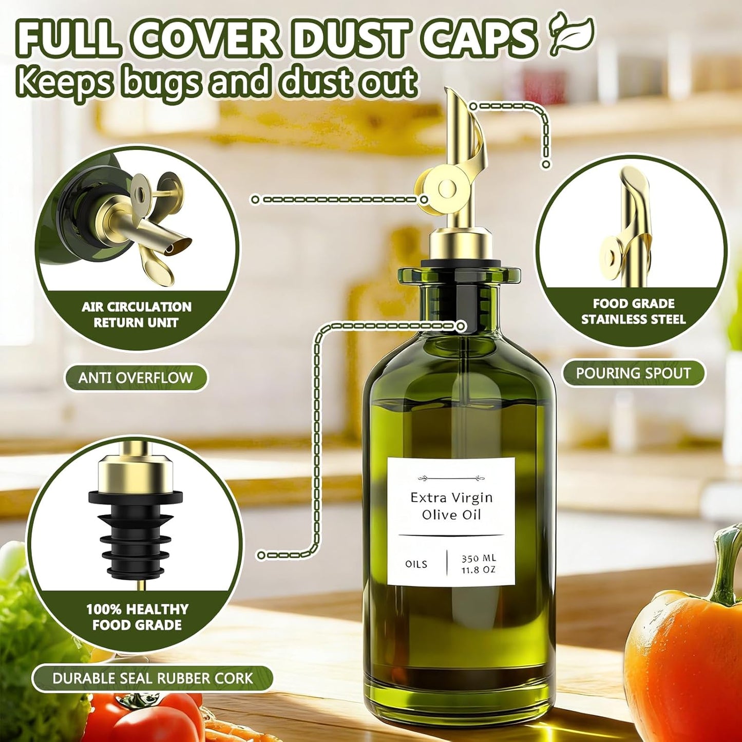 COOLMI Oil Dispenser for Kitchen - 12oz/350ml, Set of 2 Extra Thick Food Grade Glass Olive Oil Dispenser Bottle with Cleaning Brush, Stickers and Funnel (Gold)