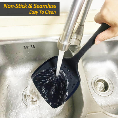 Silicone Pancake Spatula Turner with Lengthened Handle& Seamless Design, Heat Resistant Slotted Flipper for Nonstick Cookware, Large Flexible Kitchen Utensils for Egg, Pancake, Burger, Slotted Black