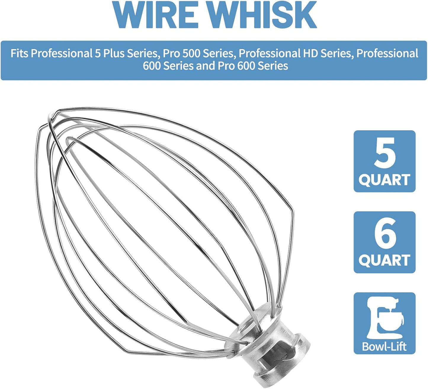 Stainless Steel 3 Piece kit Attachments，Dough Hook 6 Wire Whisk Flat Beater Compatible with KitchenAid 5 Plus -6QT Mixer，Bowl Lift Stand Mixer Accessory，Rust Resistant，Dishwasher Safe