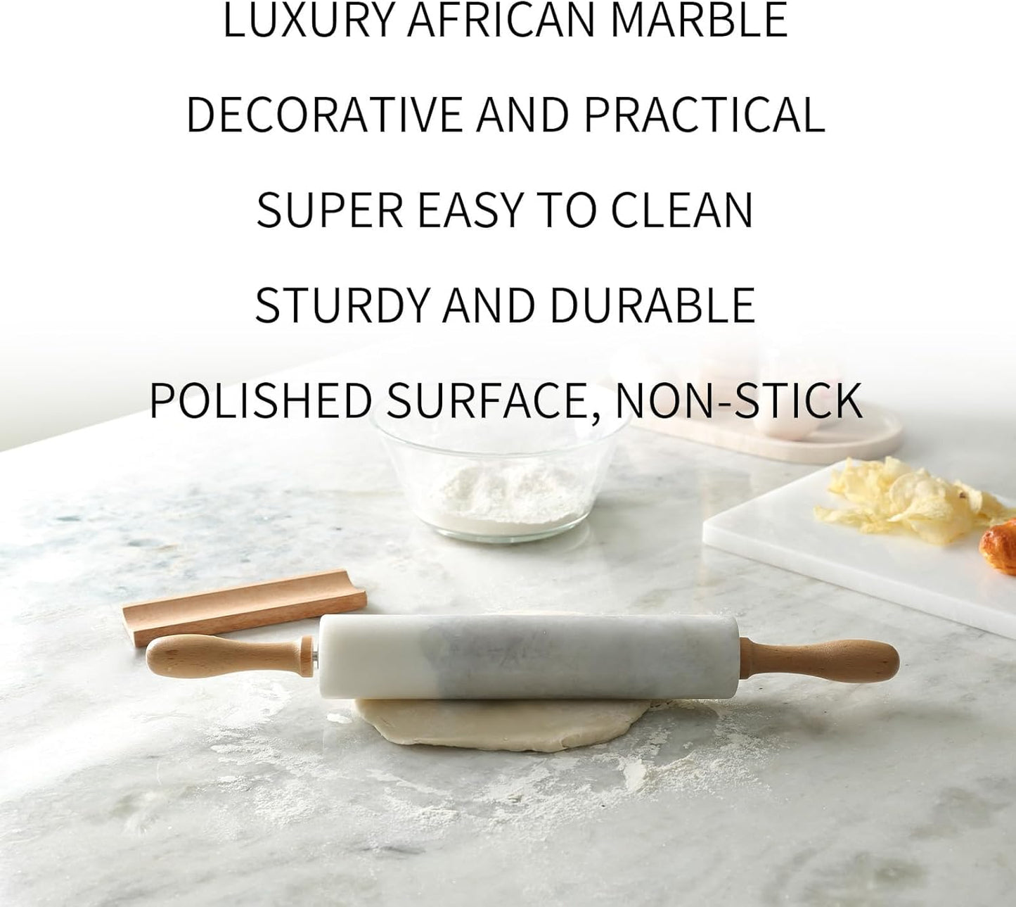 Koville African Natural Marble Rolling Pin, Non-Stick Polished Dough Roller, Pasta, Dumpling, Fondant, Pie Crust, Bread, Pizza Dough, Kitchen Baking Pastry Tools with Mat/Scraper（Namib Fantasy）