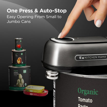 Kitchen Mama Orbit One Rechargeable Electric Can Opener: Hands-free, USB-C Charging, Automatic Stop, Smooth Edge, Safety, Blade for Large Cans, Heavy Duty, Soda and Pop Can, with Storage Box (White)
