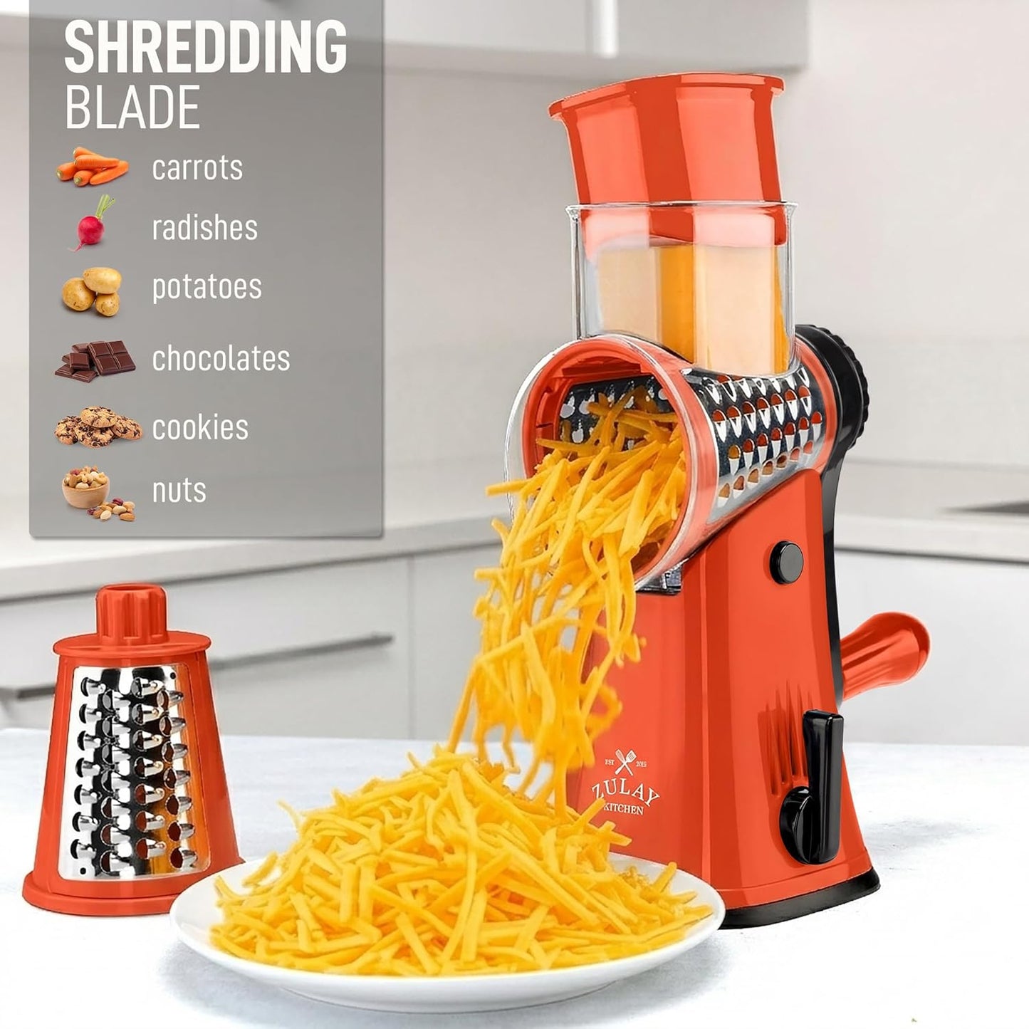 Zulay Kitchen Rotary Cheese Grater 5 Blade Cheese Shredder - Manual Hand Crank Cheese Grater With Reinforced Suction & 5 Interchangeable Drums - Easy to Use, Vegetable Chopper Round Mandoline Slicer - Colors A